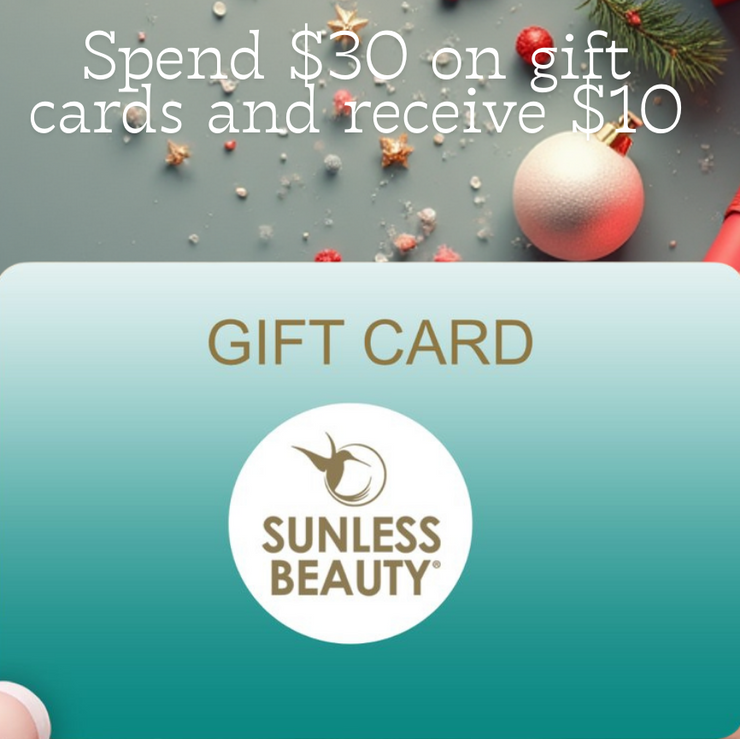 Sunless Beauty gift card with December offer text and festive background